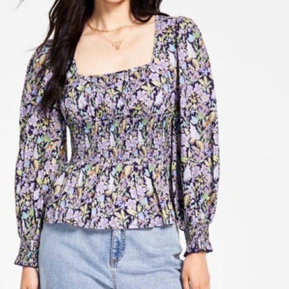 INC International Concept Navy Smock Gathered Floral Poof sleeves top, size XL